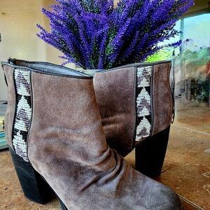 Western Taupe Suede Zi0 Ankle Boots with Beading 4" Heel NWOT